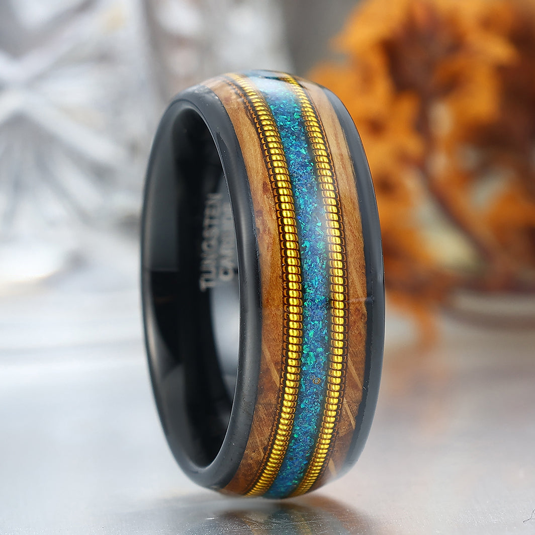 Blue Opal Double Barrel Wood Guitar String Inlay Men's Tungsten Ring Unisex Wedding Band