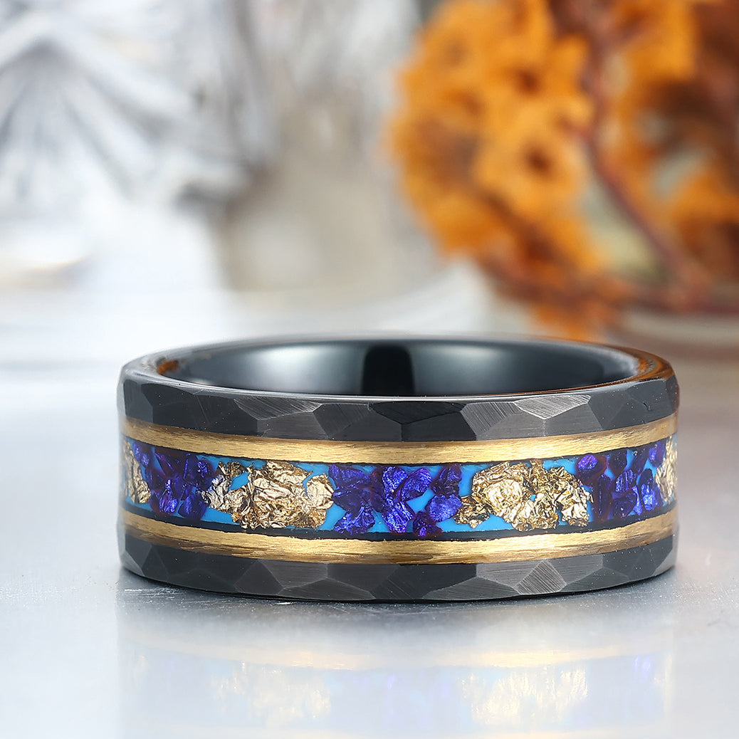 Men's Hammered Sapphire And Gold Foils Inlay Black Tungsten Carbide Wedding Band