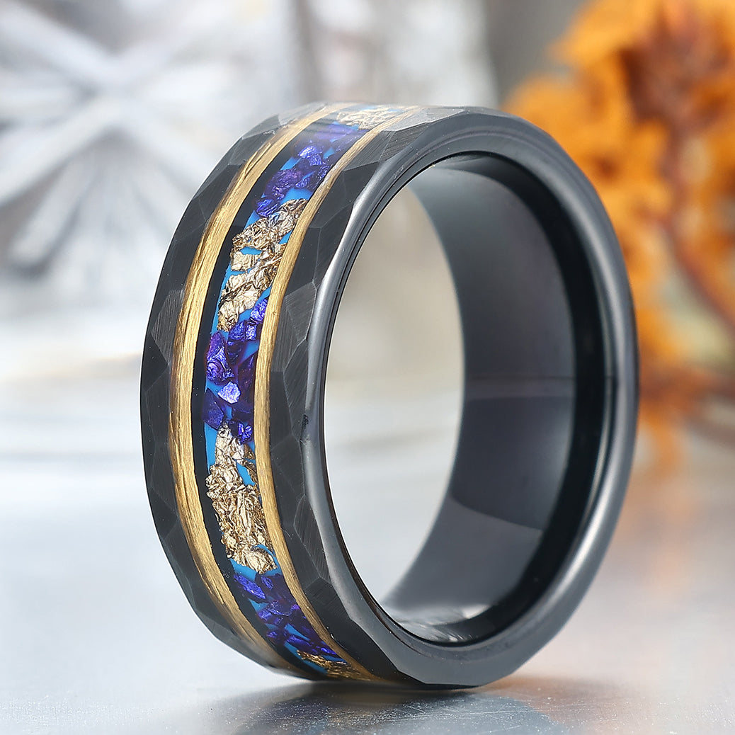 Men's Hammered Sapphire And Gold Foils Inlay Black Tungsten Carbide Wedding Band