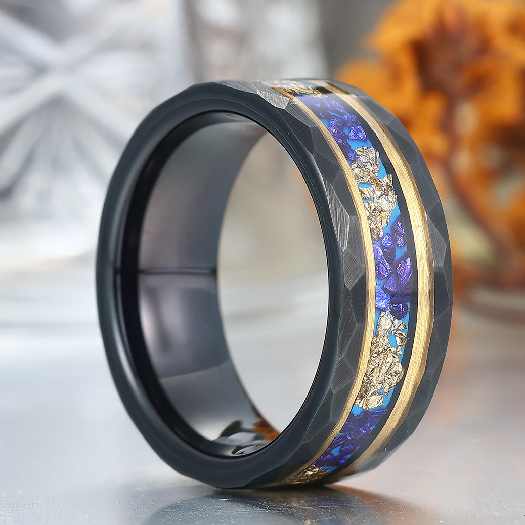 Men's Hammered Sapphire And Gold Foils Inlay Black Tungsten Carbide Wedding Band