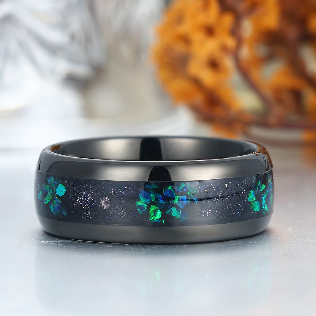 Crushed Blue Sandstone Peacock Green Opal Tungsten Carbide Men's Anniversary Ring Unisex Ring