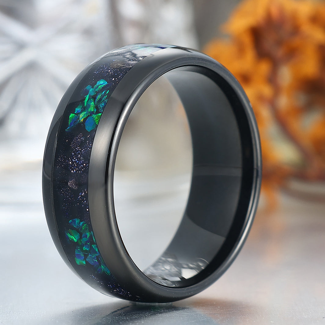 Crushed Blue Sandstone Peacock Green Opal Tungsten Carbide Men's Anniversary Ring Unisex Ring