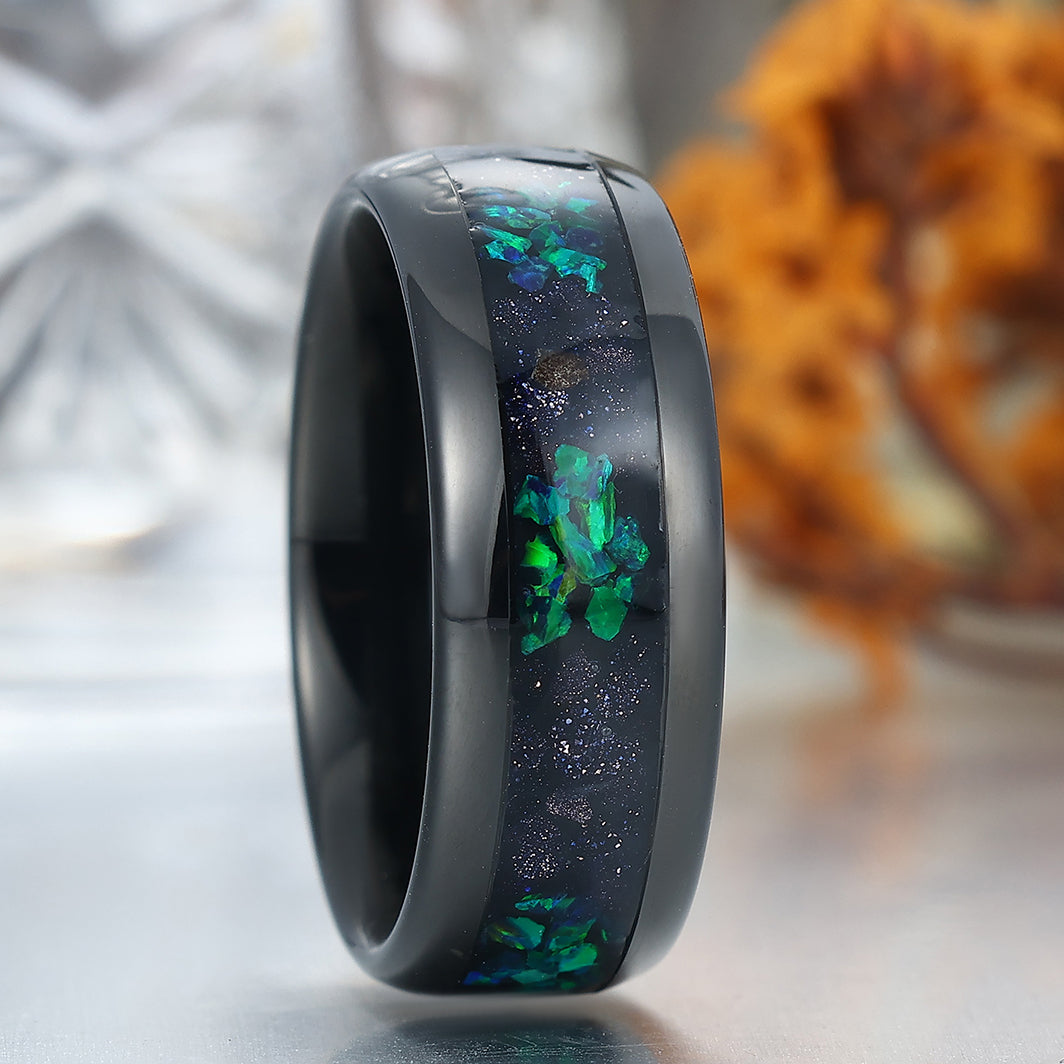 Crushed Blue Sandstone Peacock Green Opal Tungsten Carbide Men's Anniversary Ring Unisex Ring