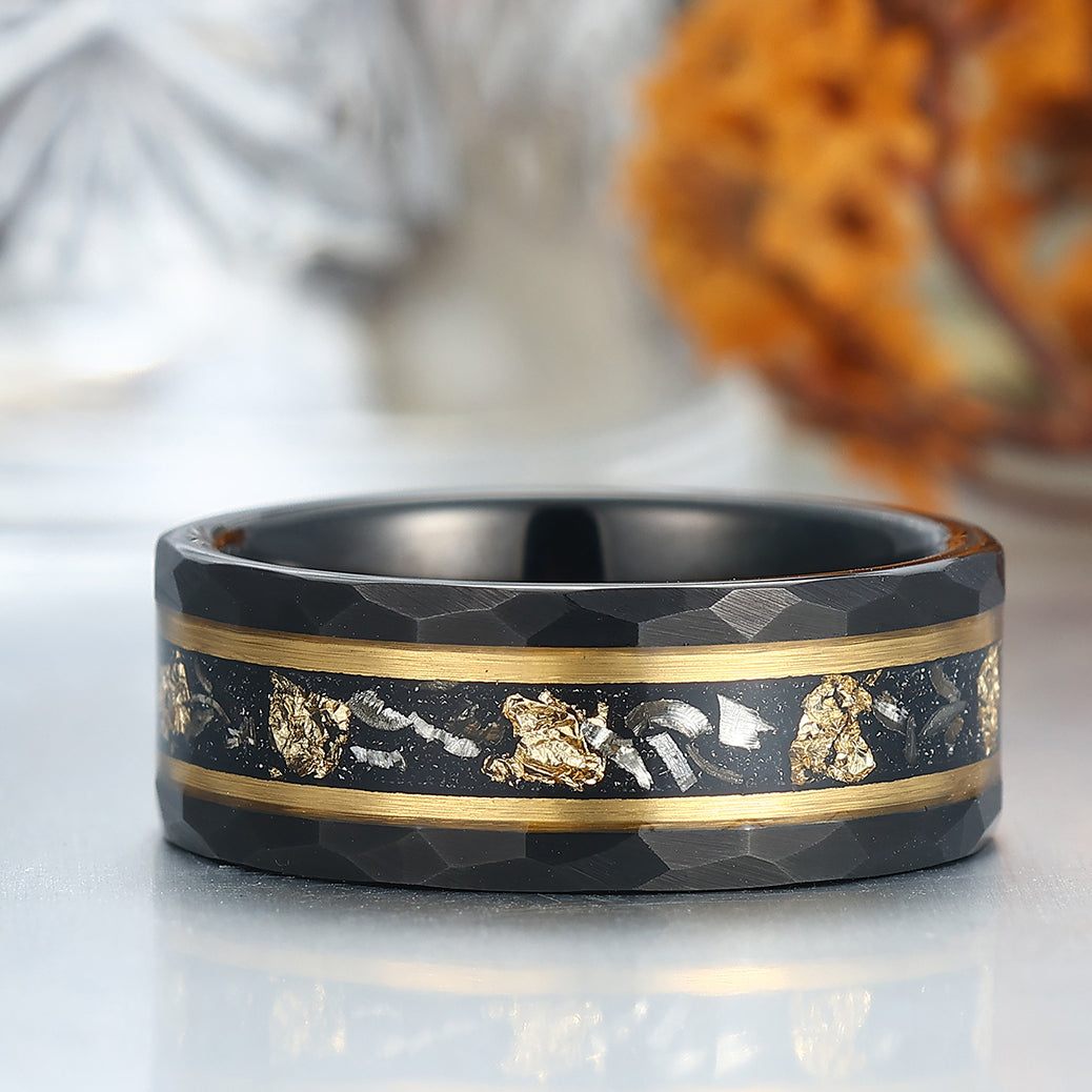 Mature Black Meteorite Gold Foil Men's Tungsten Ring Hammered Anniversary Ring
