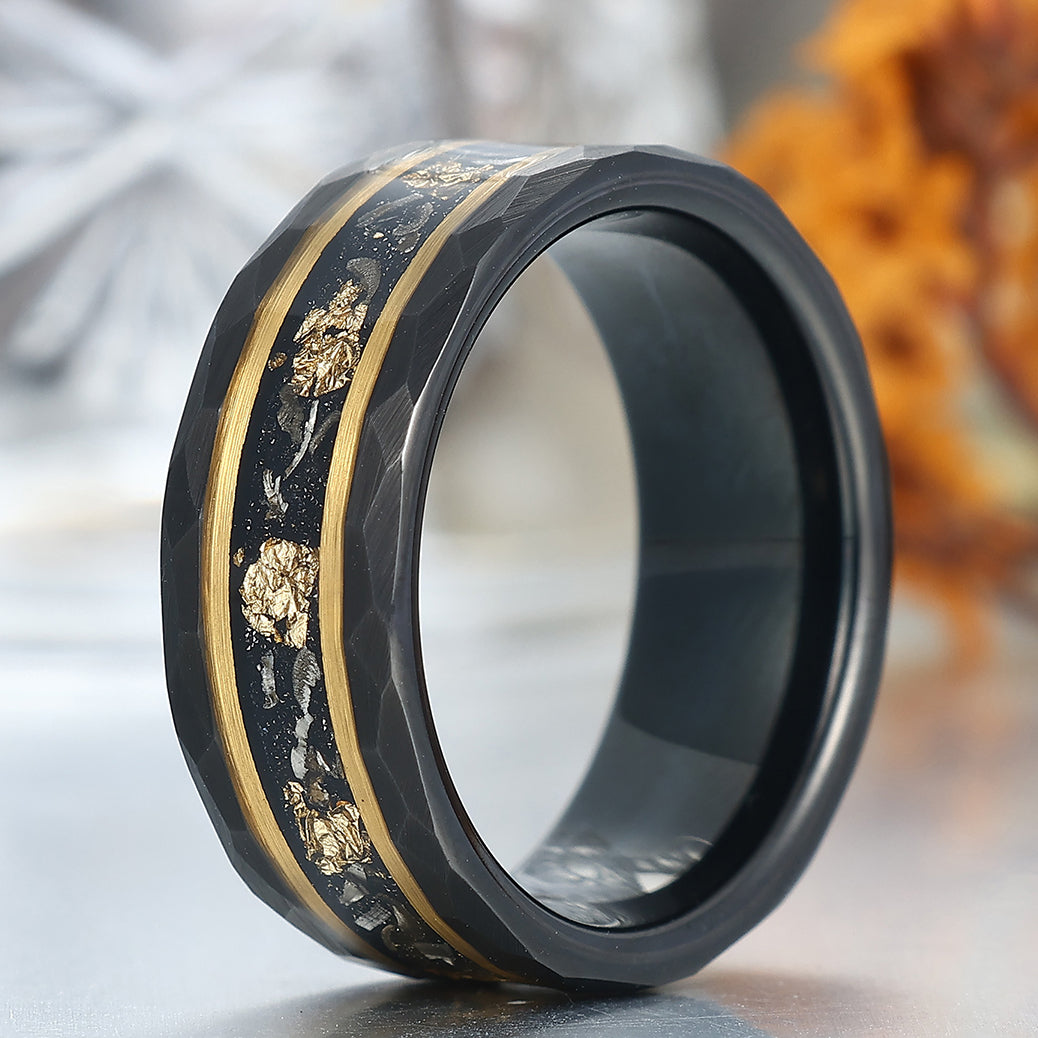 Mature Black Meteorite Gold Foil Men's Tungsten Ring Hammered Anniversary Ring