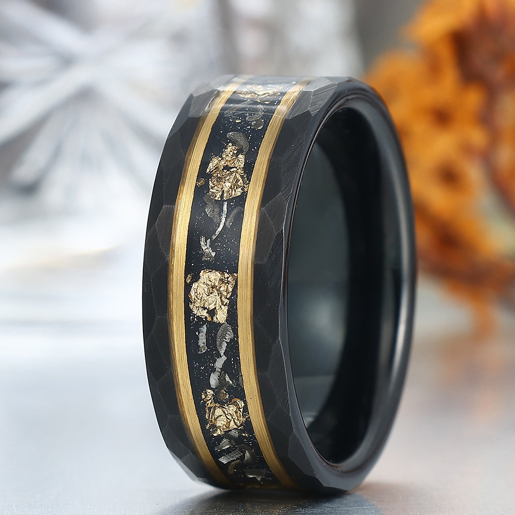 Mature Black Meteorite Gold Foil Men's Tungsten Ring Hammered Anniversary Ring