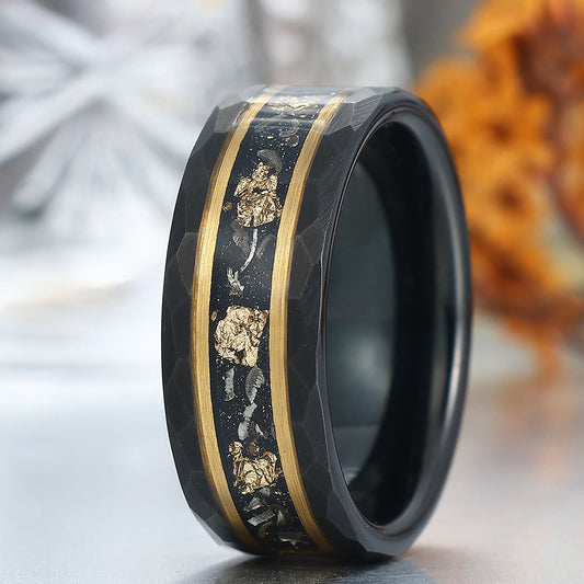 Mature Black Meteorite Gold Foil Men's Tungsten Ring Hammered Anniversary Ring