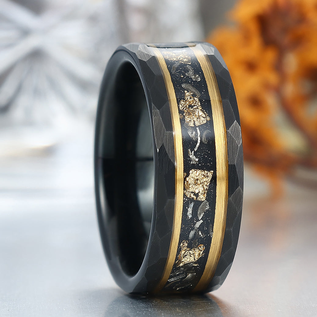 Mature Black Meteorite Gold Foil Men's Tungsten Ring Hammered Anniversary Ring