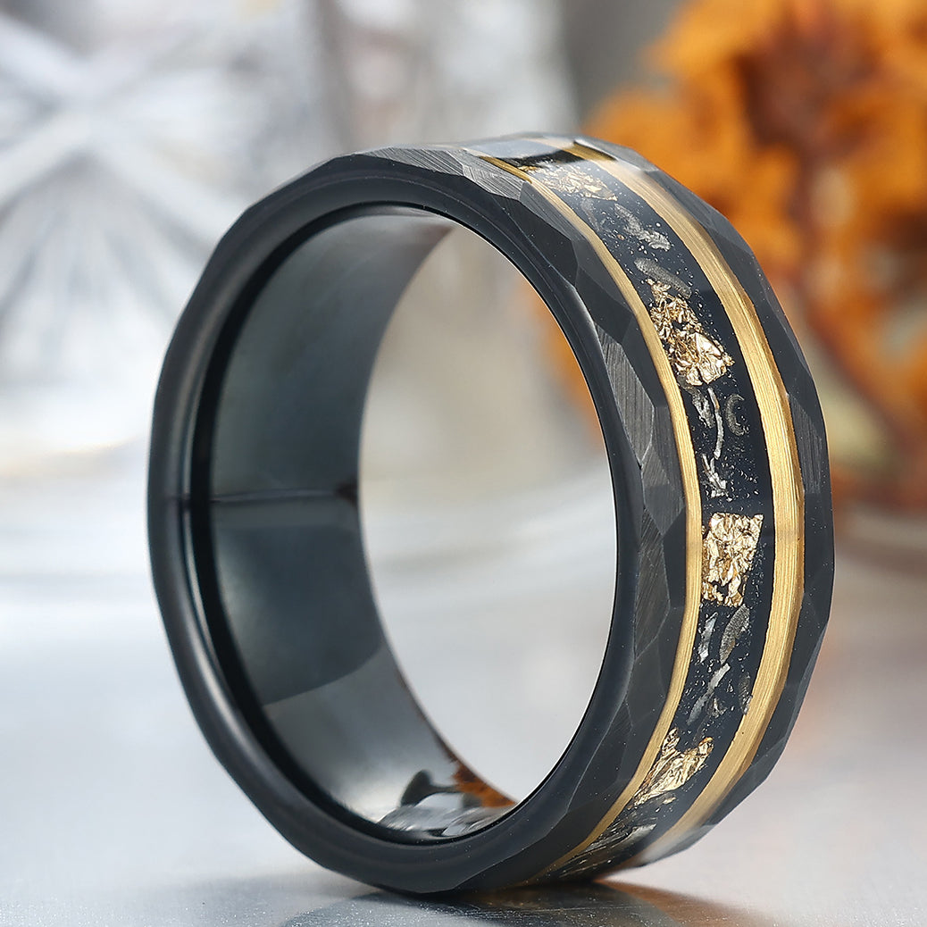 Mature Black Meteorite Gold Foil Men's Tungsten Ring Hammered Anniversary Ring
