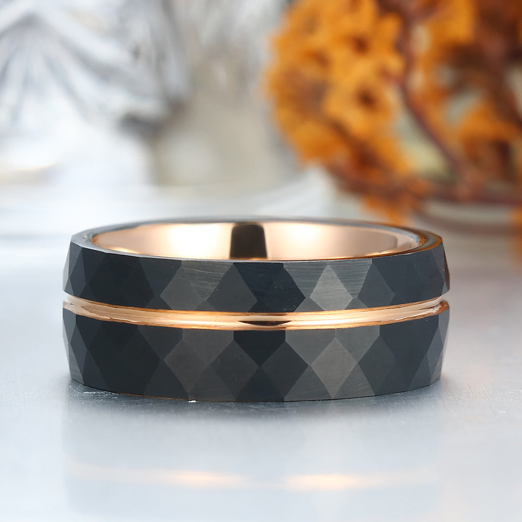 8mm Black Grooved Rhombic Tungsten Wedding Band Rose Gold-plated Inner Men's Band
