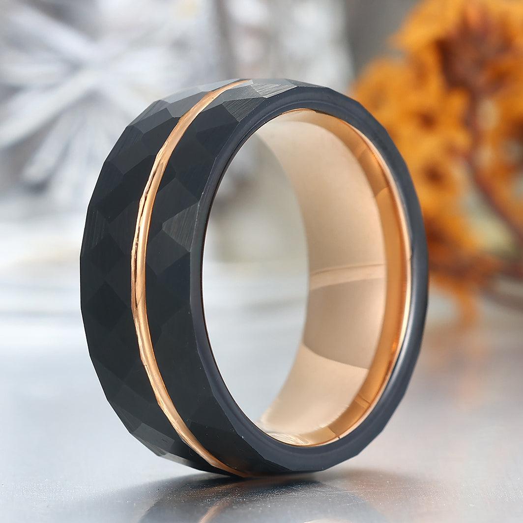 8mm Black Grooved Rhombic Tungsten Wedding Band Rose Gold-plated Inner Men's Band