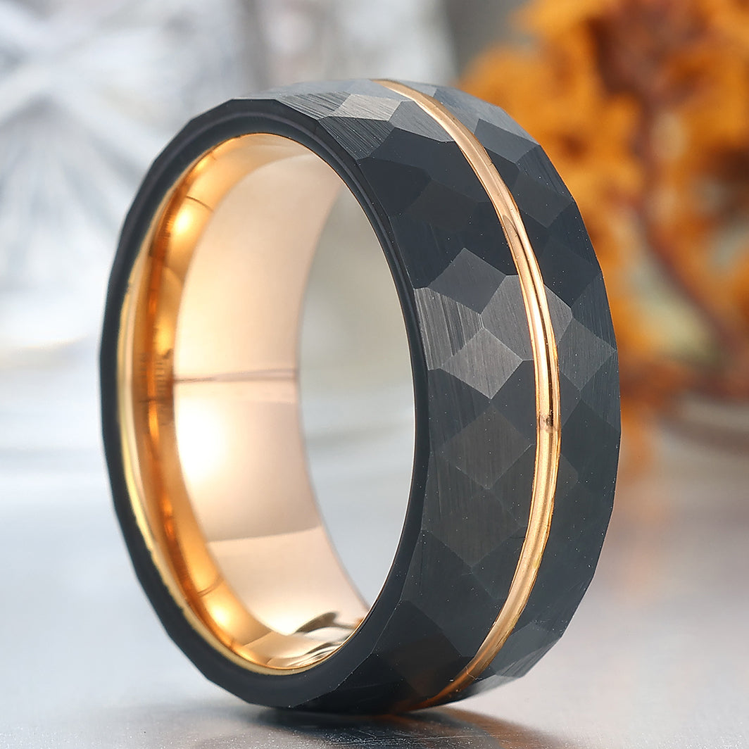 8mm Black Grooved Rhombic Tungsten Wedding Band Rose Gold-plated Inner Men's Band