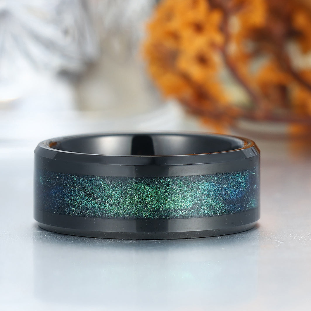 Beveled Edge Teal Quicksand Tungsten Ring Blue And Green Sand Men's Anniversary Band