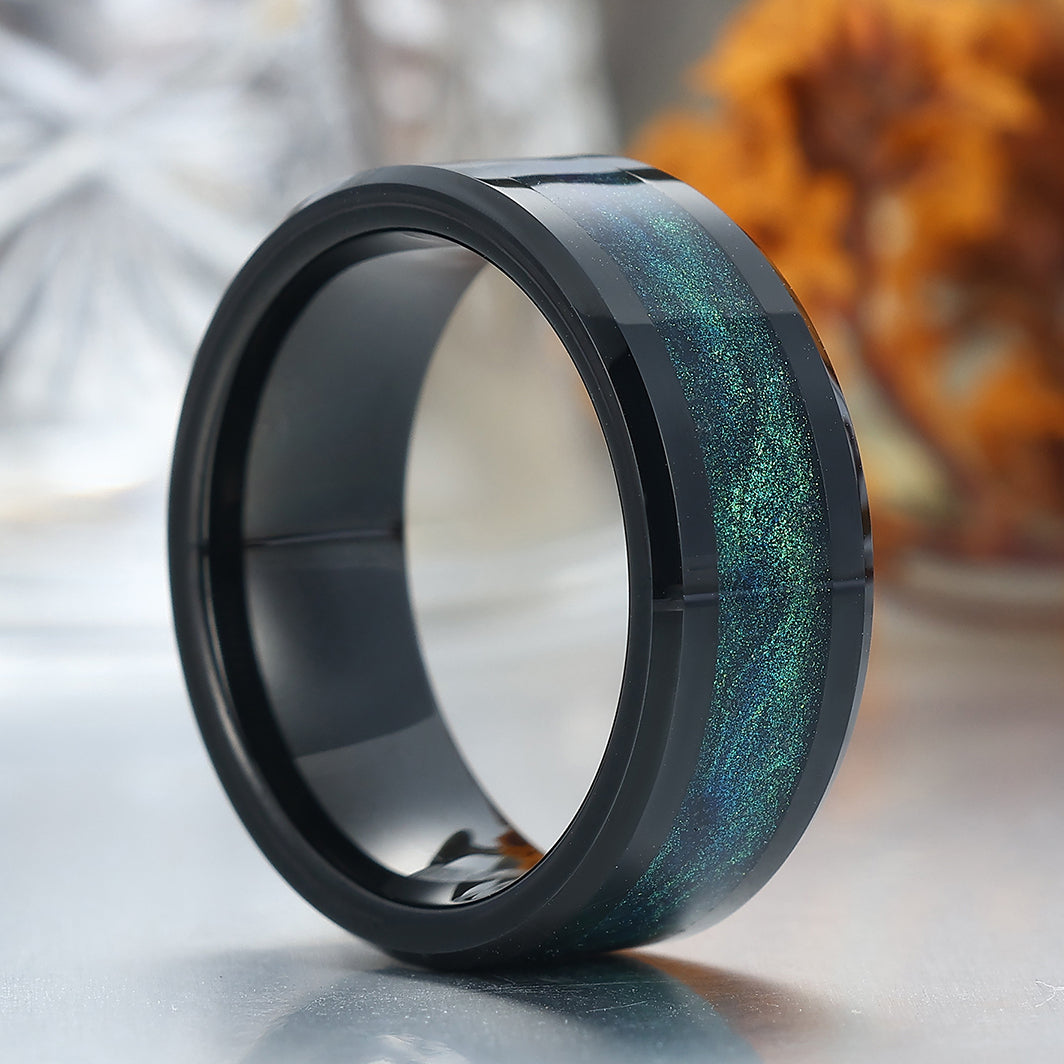 Beveled Edge Teal Quicksand Tungsten Ring Blue And Green Sand Men's Anniversary Band