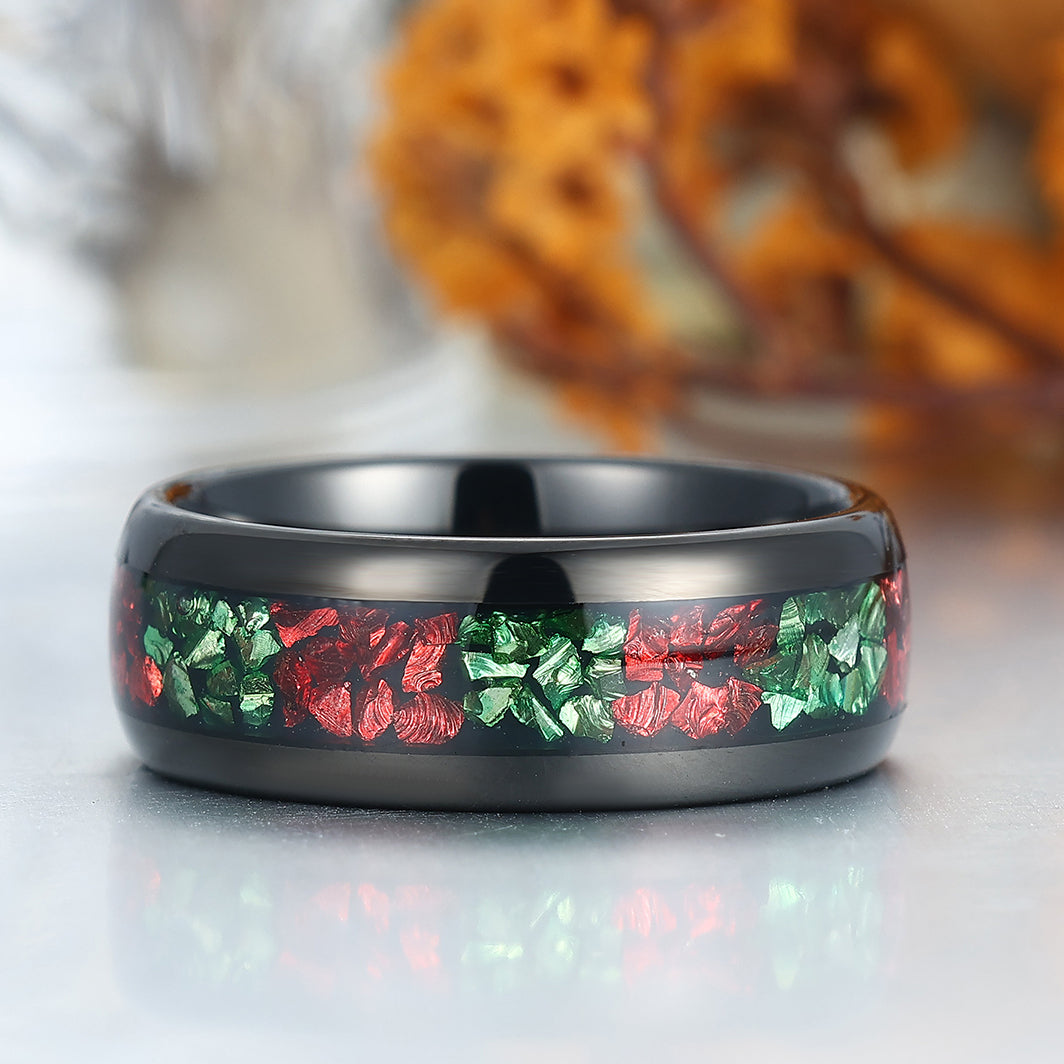 8mm Wide Emerald Ruby Inlay Tungsten Wedding Band Men’s Anniversary Birthday Ring