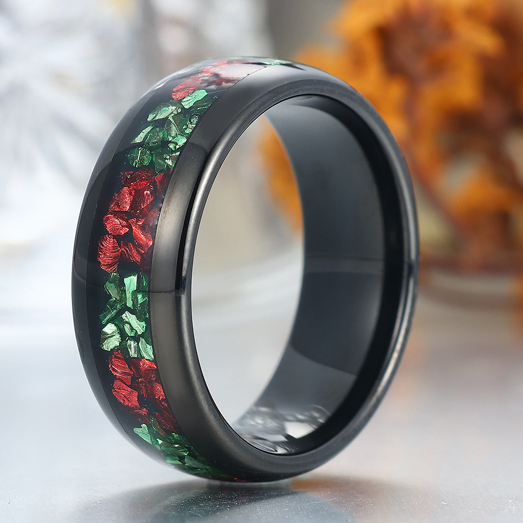 8mm Wide Emerald Ruby Inlay Tungsten Wedding Band Men’s Anniversary Birthday Ring
