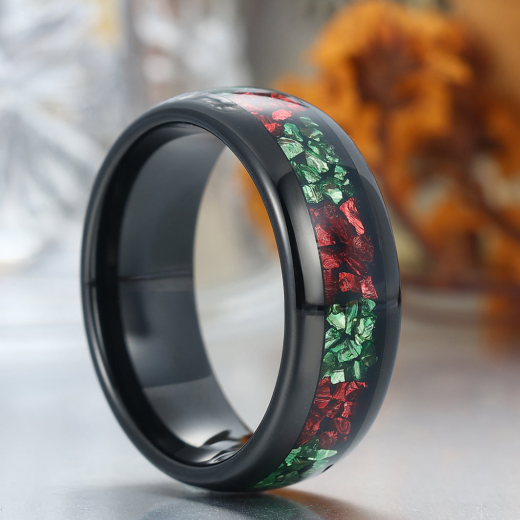 8mm Wide Emerald Ruby Inlay Tungsten Wedding Band Men’s Anniversary Birthday Ring