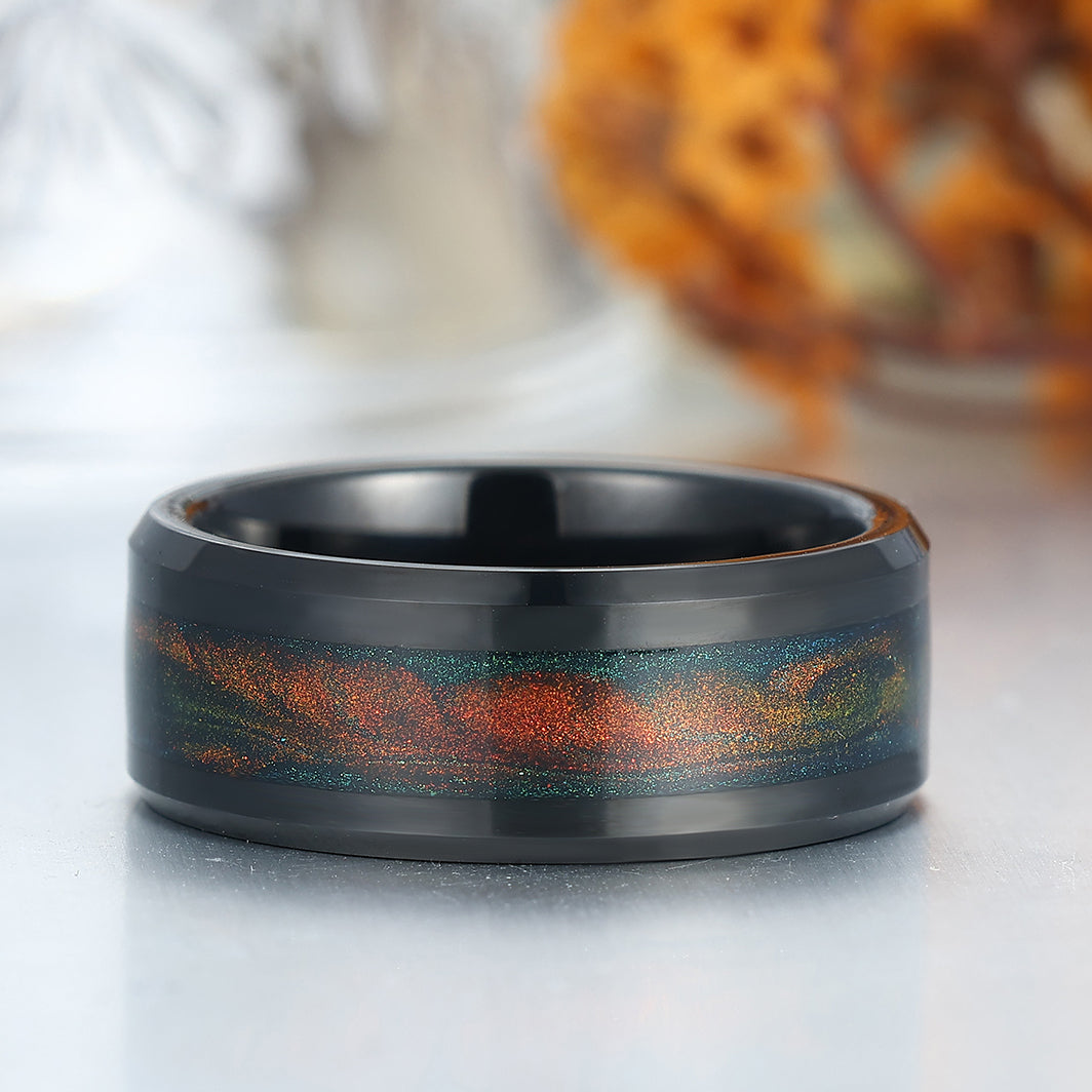 Galaxy Orange Blue Quicksand Inlay Tungsten Men's Ring Unique Unisex Ring