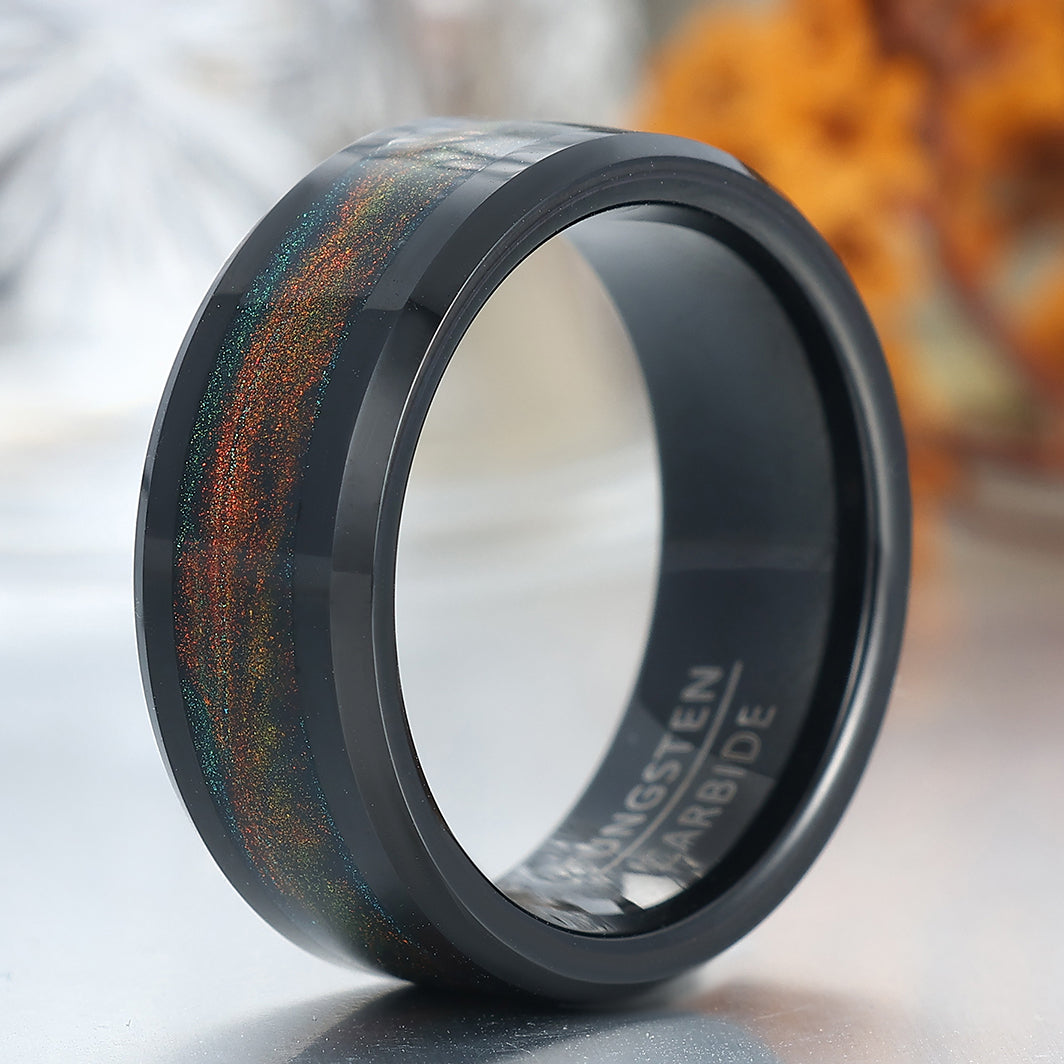 Galaxy Orange Blue Quicksand Inlay Tungsten Men's Ring Unique Unisex Ring