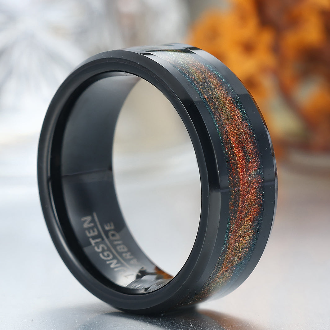 Galaxy Orange Blue Quicksand Inlay Tungsten Men's Ring Unique Unisex Ring