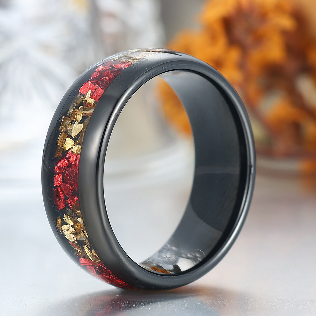 Comfort Fit Citrine And Ruby Tungsten Wedding Band Black Plated Polished Men's Ring