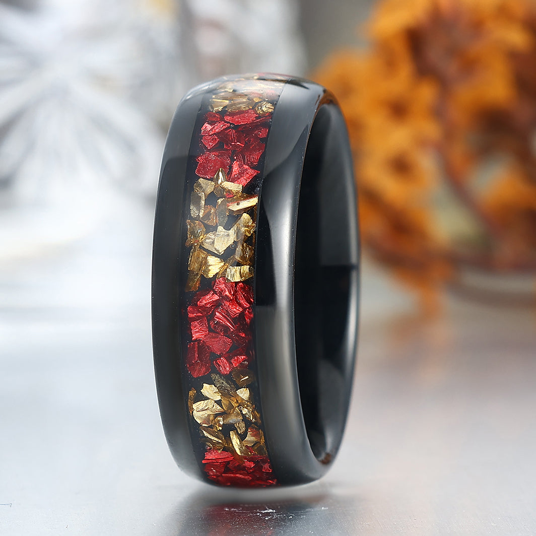 Comfort Fit Citrine And Ruby Tungsten Wedding Band Black Plated Polished Men's Ring