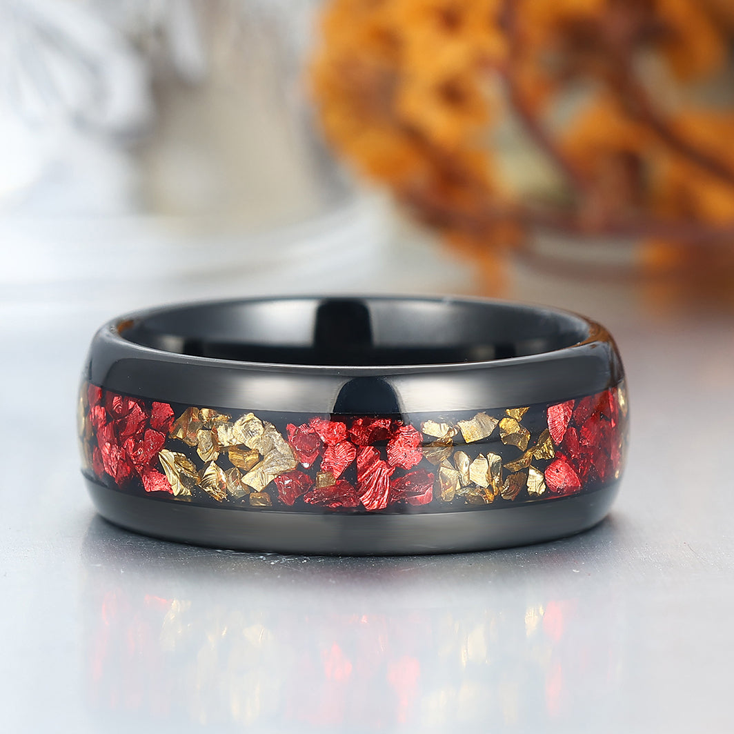 Comfort Fit Citrine And Ruby Tungsten Wedding Band Black Plated Polished Men's Ring