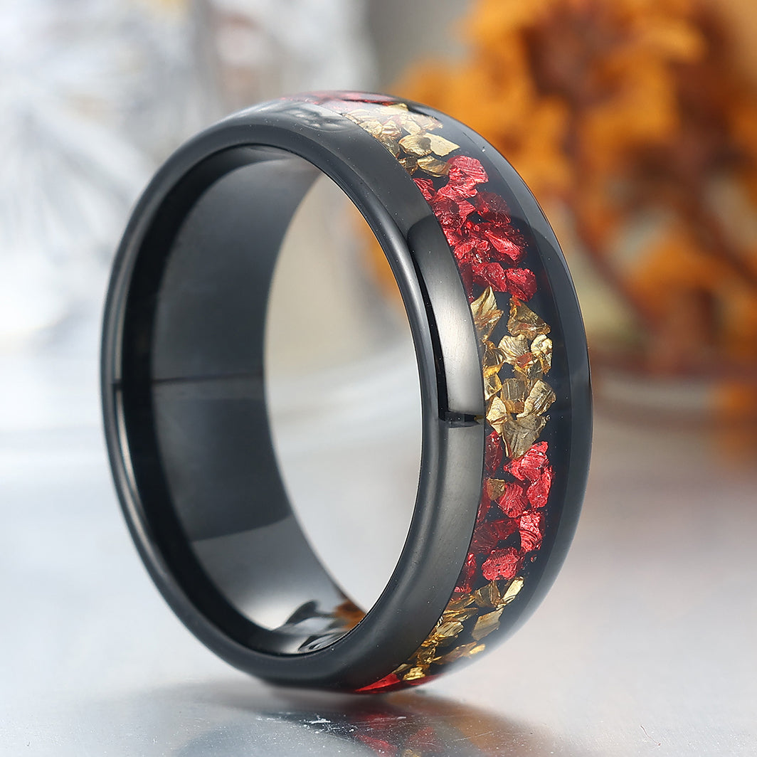 Comfort Fit Citrine And Ruby Tungsten Wedding Band Black Plated Polished Men's Ring