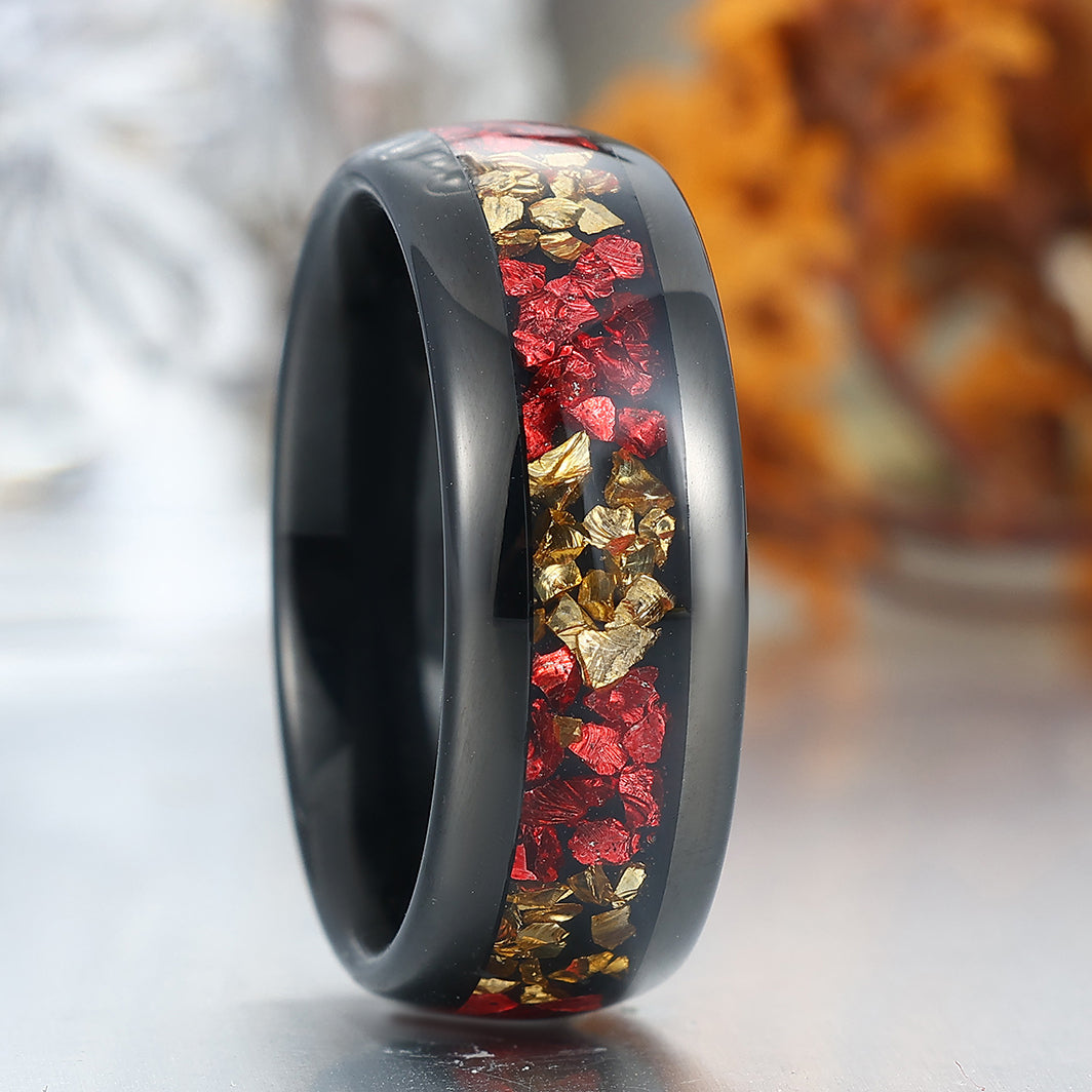 Comfort Fit Citrine And Ruby Tungsten Wedding Band Black Plated Polished Men's Ring