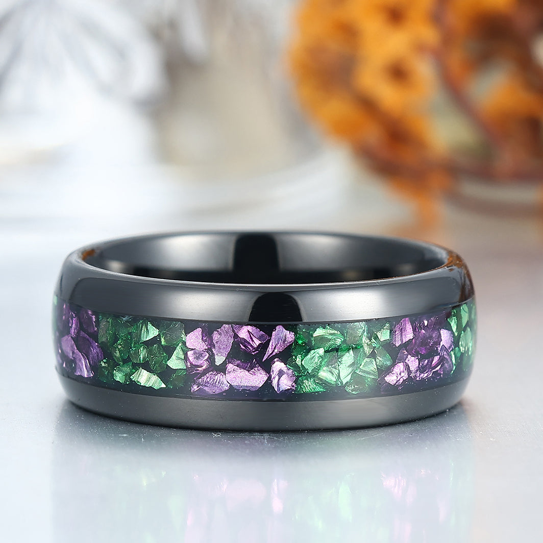 8mm Polished Dome Tungsten Men's Band Purple Amethyst Emerald Anniversary Ring