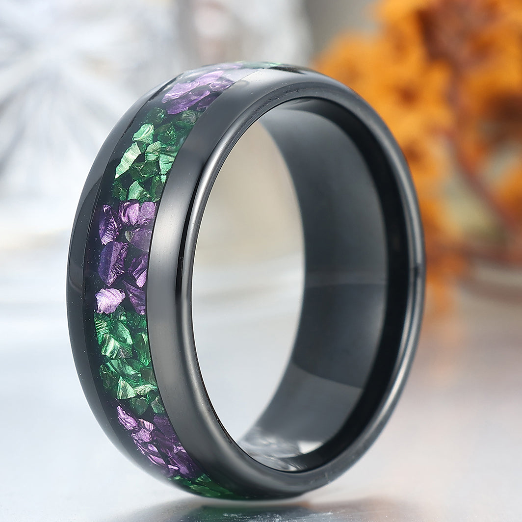 8mm Polished Dome Tungsten Men's Band Purple Amethyst Emerald Anniversary Ring