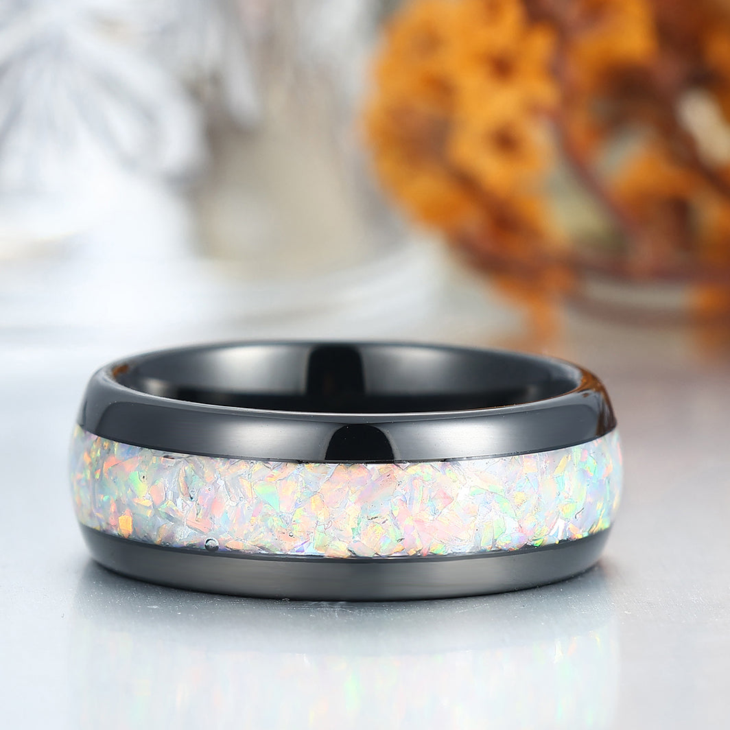 Man White Opal Tungsten Wedding Band Black Plated Birthday Anniversary Ring