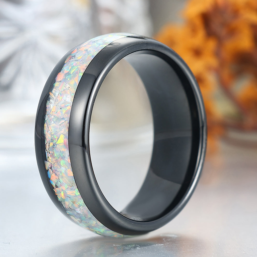 Man White Opal Tungsten Wedding Band Black Plated Birthday Anniversary Ring