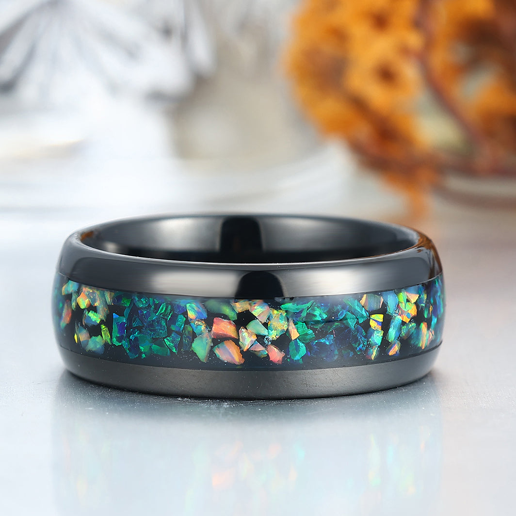 Polished Dome Peacock Green Opal And White Opal Inlay Men's Tunsten Ring Unisex Birthday Band