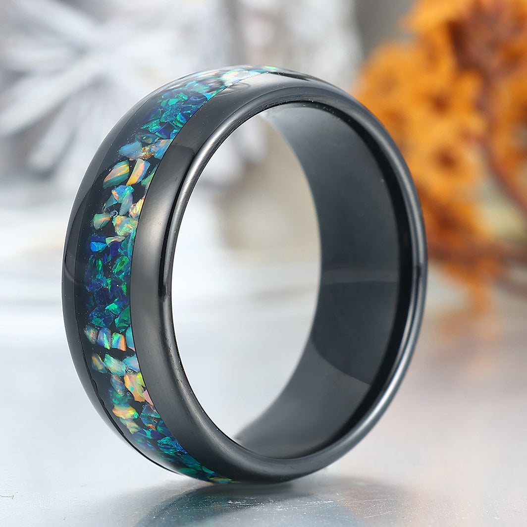 Polished Dome Peacock Green Opal And White Opal Inlay Men's Tunsten Ring Unisex Birthday Band