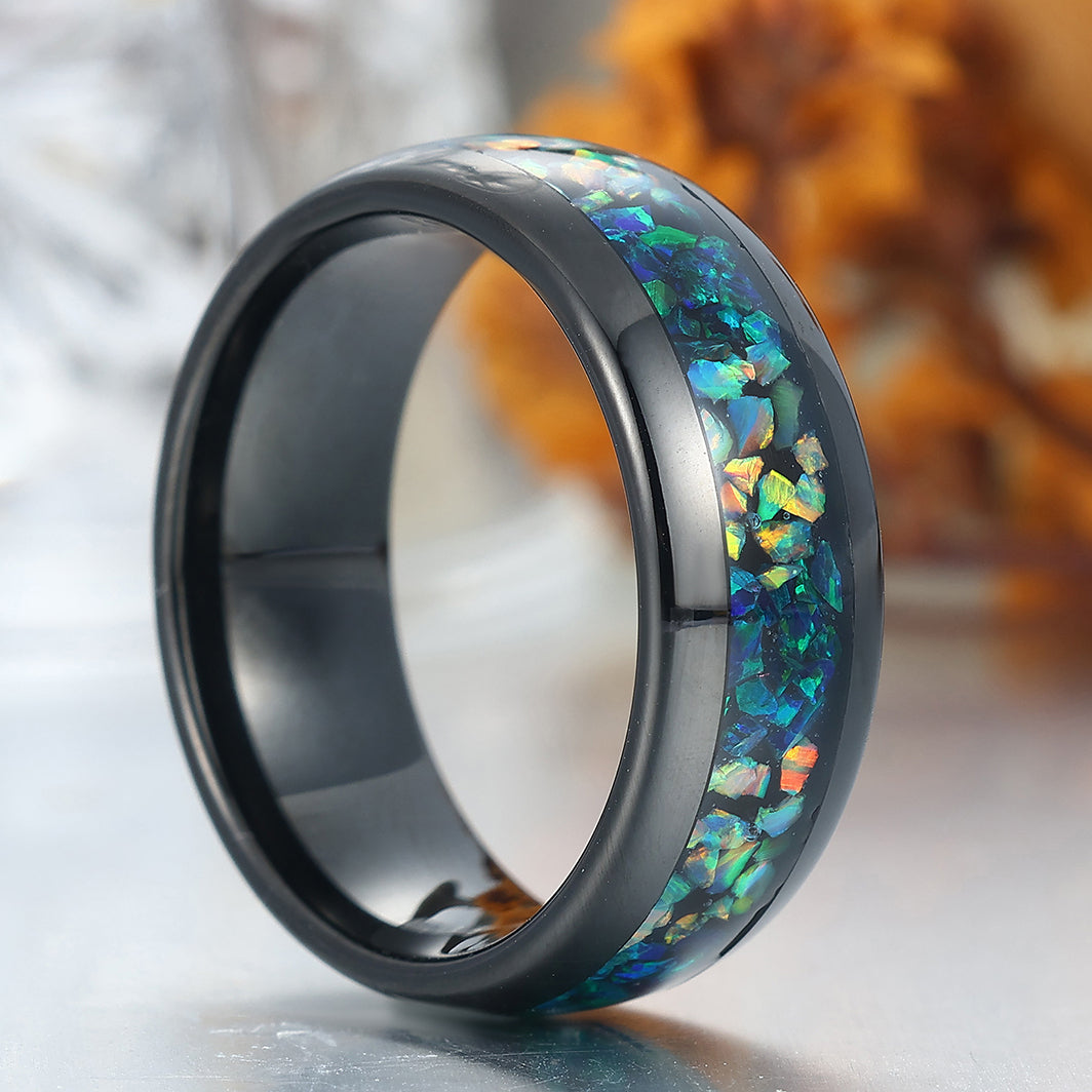Polished Dome Peacock Green Opal And White Opal Inlay Men's Tunsten Ring Unisex Birthday Band