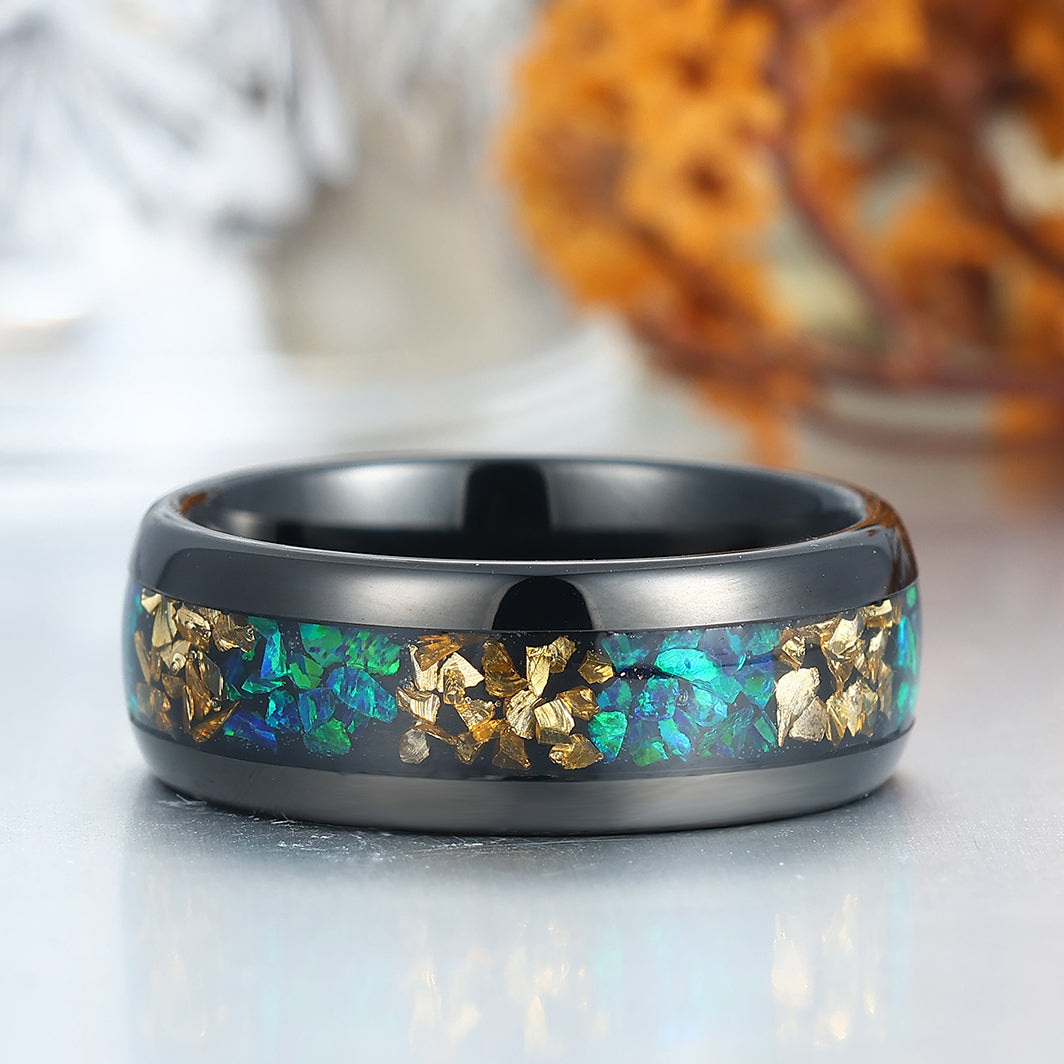 Crushed Citrine Peacock Green Opal Dome Tungsten Promise Ring For Men and Women