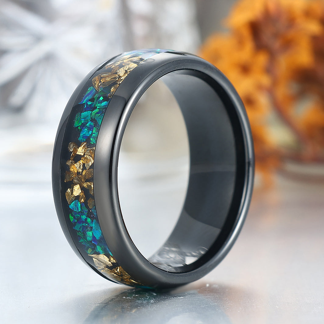 Crushed Citrine Peacock Green Opal Dome Tungsten Promise Ring For Men and Women