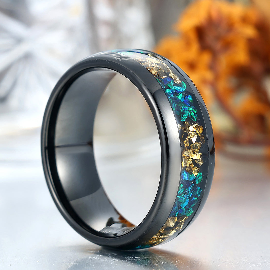 Crushed Citrine Peacock Green Opal Dome Tungsten Promise Ring For Men and Women