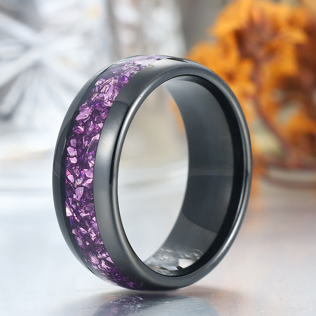 8mm Natural Amethyst Inlay Men's Anniversary Ring Wide Band For Men and Women