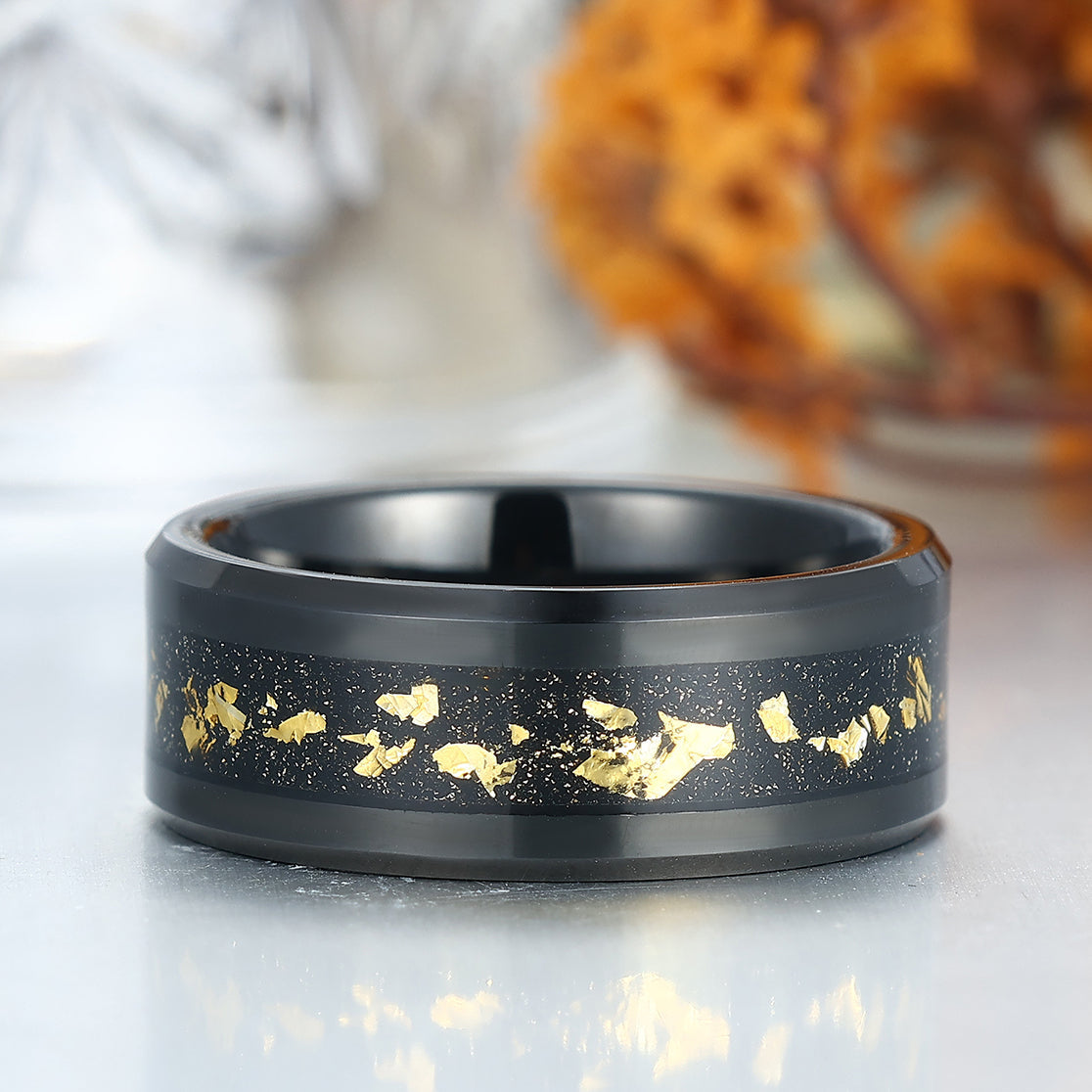 Balck Beveled Edge Gold Foils Inlay Tungsten Men's Band Unisex Anniversary Ring