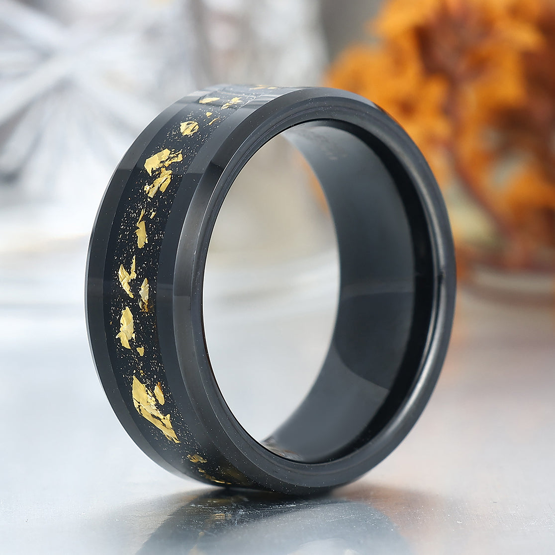 Balck Beveled Edge Gold Foils Inlay Tungsten Men's Band Unisex Anniversary Ring
