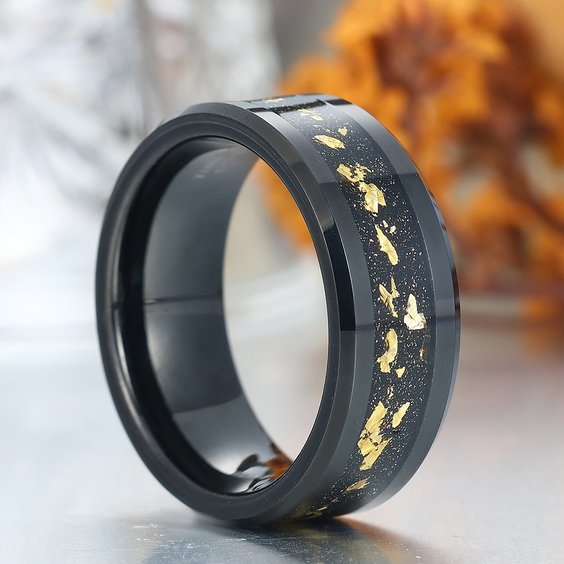 Balck Beveled Edge Gold Foils Inlay Tungsten Men's Band Unisex Anniversary Ring