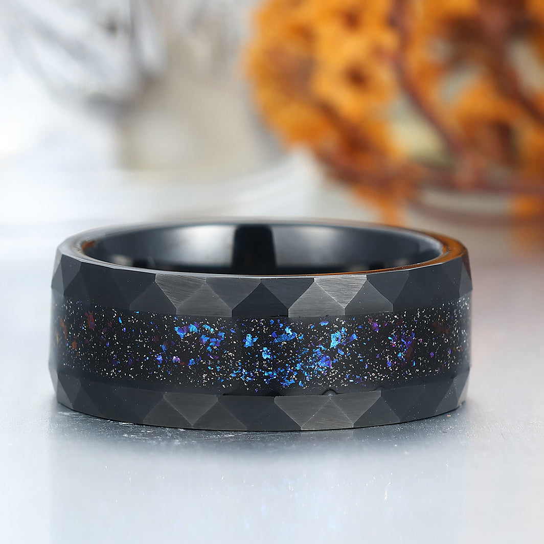 Crushed Meteorites and Blue Opal Tungsten Band 8mm Balck Plated Men's Anniversary Ring