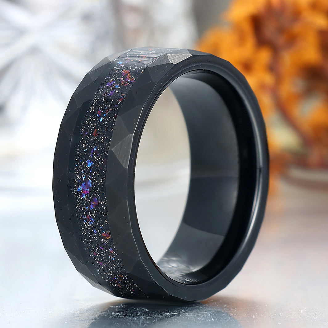 Crushed Meteorites and Blue Opal Tungsten Band 8mm Balck Plated Men's Anniversary Ring