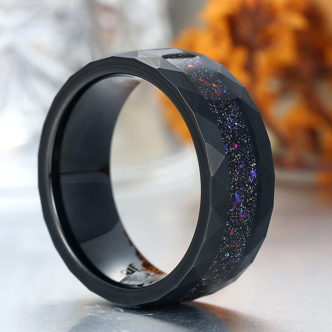 Crushed Meteorites and Blue Opal Tungsten Band 8mm Balck Plated Men's Anniversary Ring