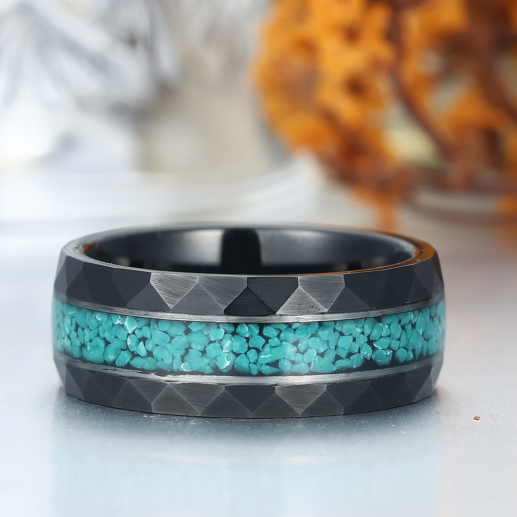 Men's Moss Agate Hammered Tungsten Ring Comfort Fit Promise Ring For Men and Women