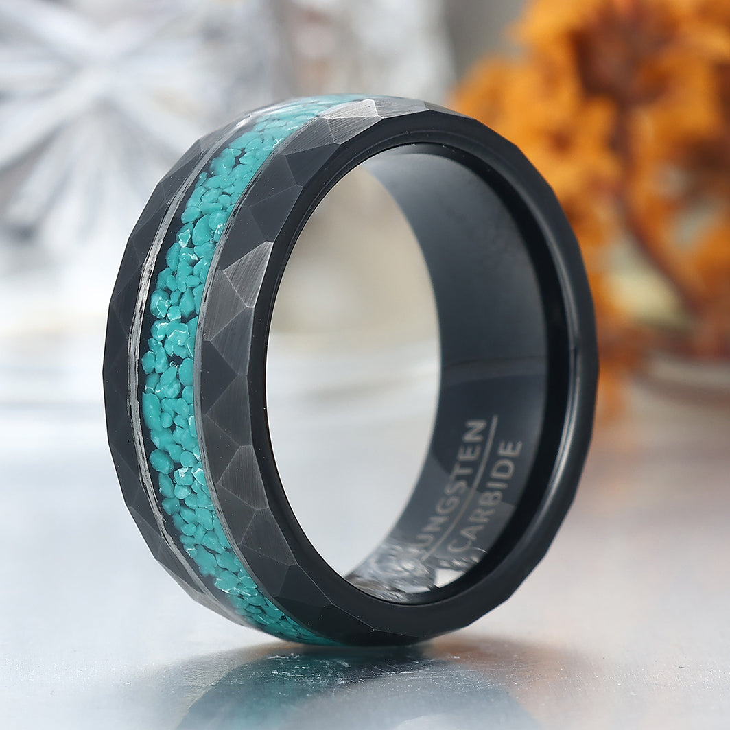 Men's Moss Agate Hammered Tungsten Ring Comfort Fit Promise Ring For Men and Women