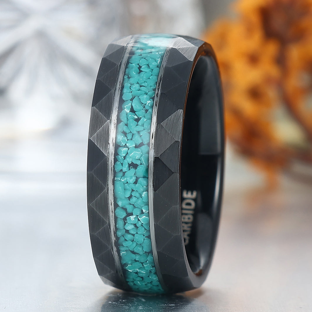 Men's Moss Agate Hammered Tungsten Ring Comfort Fit Promise Ring For Men and Women