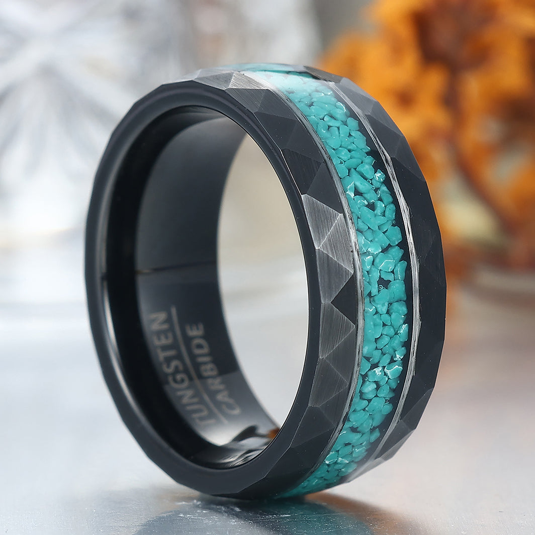 Men's Moss Agate Hammered Tungsten Ring Comfort Fit Promise Ring For Men and Women